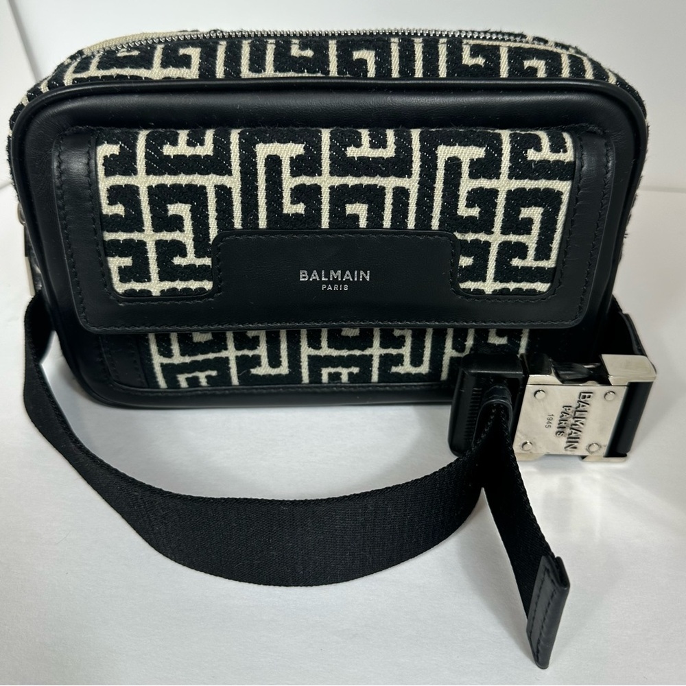 Balmain 1945 Fanny Pack in Monogram Jacquard Canvas Black